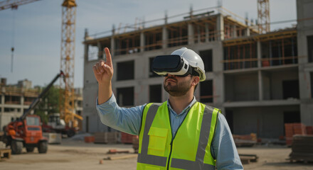 Construction worker using VR headset inspects virtual designs at building site, ensuring precision and innovation for the new development project.