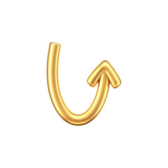 3D gold doodle arrow in Y2K style, isolated on a dark background. Render of 3D golden liquid curve and swirl arrow, rotating up, down, and right with a metal shine effect. 3D vector Y2K figure