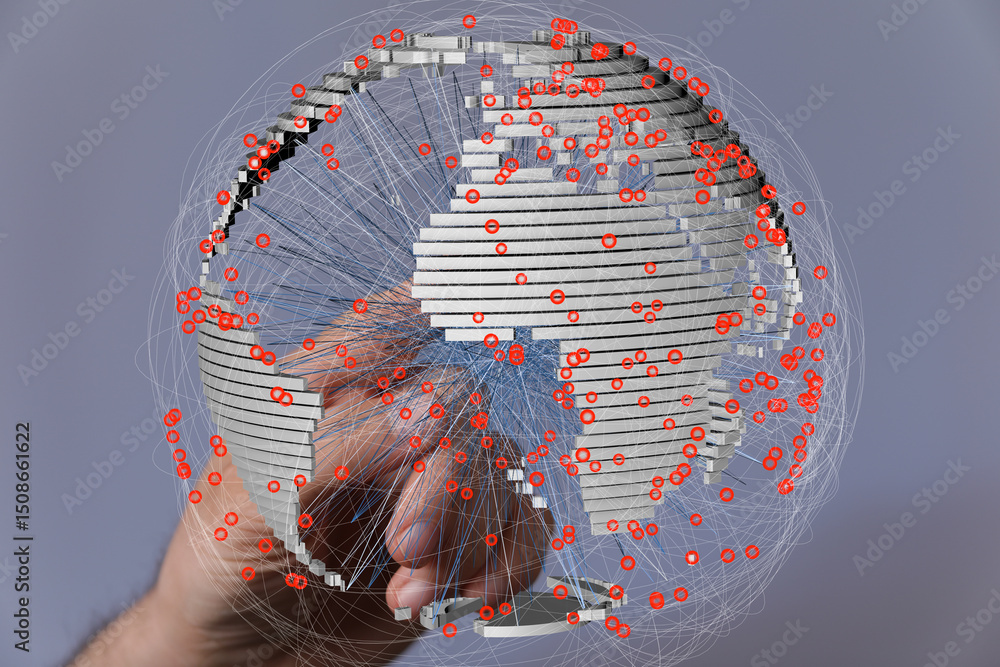Fototapete a hand interacts with a 3d model of earth, showcasing interconnected data points across the globe.
