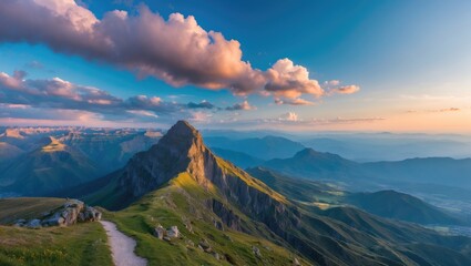 Fototapeta premium Stunning panorama view of mountain landscape with dramatic clouds and vibrant scenery.
