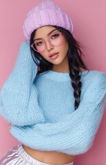 A beautiful woman with long dark hair pulled back into a tight braid, wearing pink glasses