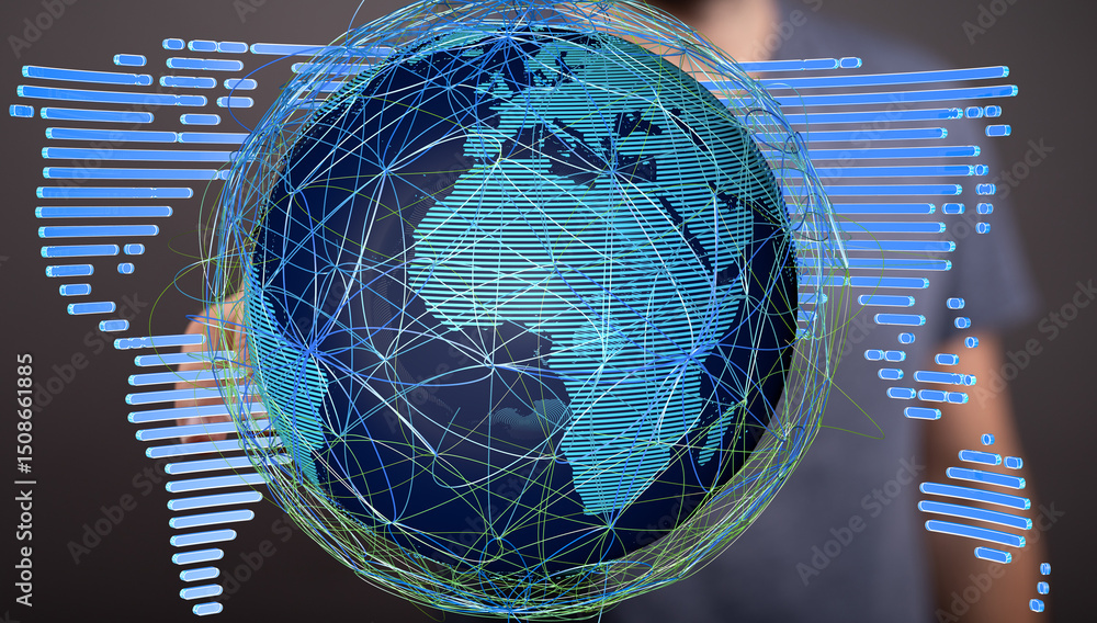 Poster abstract image of a digital world, showing global network connections and data flow.