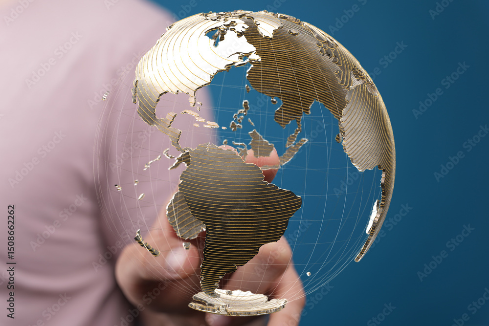 Aufkleber person interacts with a digital globe, representing global connectivity and networking.