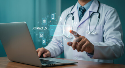 Doctor demonstrating online contact options using a touch screen on a laptop.