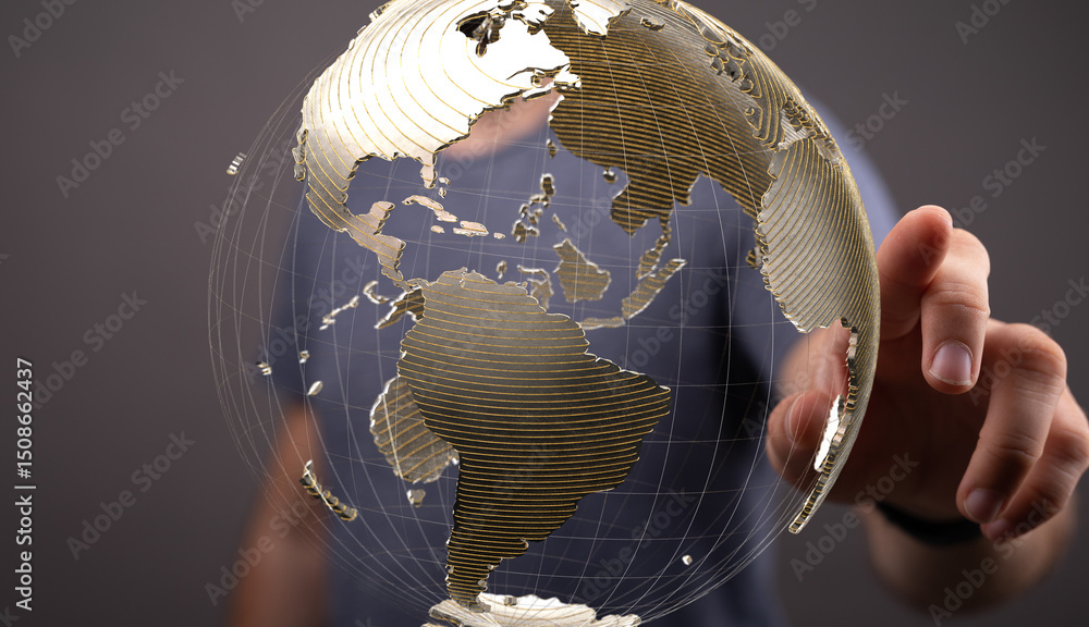 Poster high-quality stock photo of a hand interacting with a digital 3d model of planet earth, representing