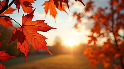 Autumn maple leaves. A leafy tree with a bright orange leaf in the foreground. The leaf is in the sun and the sky is blue.