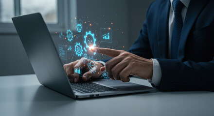 Business Automation: A man in a suit uses a laptop, visualizing automated processes, streamlining workflow, and innovating business solutions through smart technology indoors.