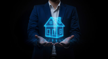Securing Real Estate: A Man in Suit Protects a Glowing Hologram of a Home, Symbolizing Housing Insurance and Digital Property