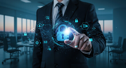 Cybersecurity executive touches digital lock icon to activate security network in a corporate office.