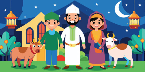 Happy family in the city moon and stars background silhouette with animals artistic vector illustration.