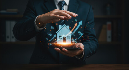Rising Home Value: Businessman displays house with upward trending interest rates and market growth on digital device