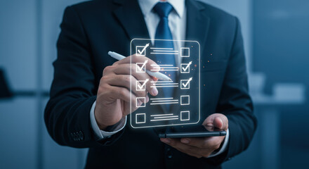 Man in suit using digital checklist on mobile device for task management and survey, ensuring complete to-do list in the office.