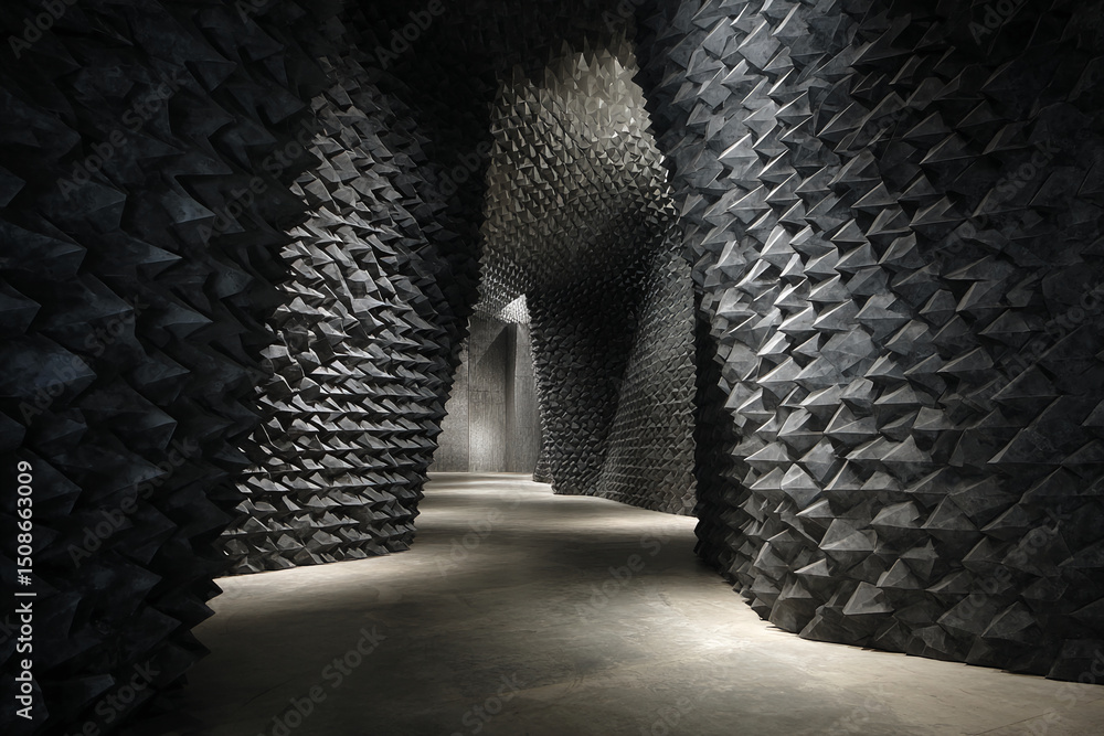Poster intricate architectural design of a dark, textured passageway in a modern artistic space during dayl