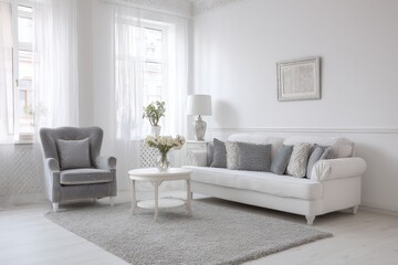 Fototapeta premium A light and airy living room with a grey armchair and white sofa.