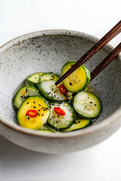 Chopsticks pick up cucumbers and sprinkle them with black sesame seeds in a bowl.