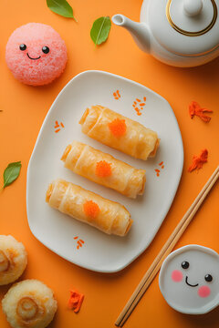 Fried spring rolls topped with shrimp eggs and cute props on an orange table.