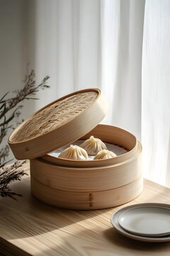 Xiaolongbao in a bamboo steamer placed in a minimalist window-side room
