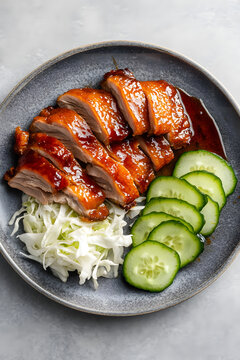 Beautifully arranged roast duck on a plate with assorted vegetables.