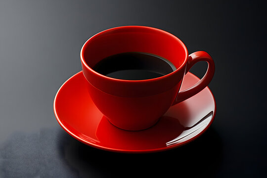 Red and white cups of coffee and tea on saucers with spoons