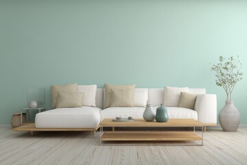 Light teal living room with white sectional sofa and wooden coffee table.