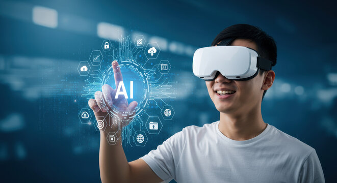 AI Innovation: Smiling Asian man in VR headset touches virtual interface displaying artificial intelligence technology