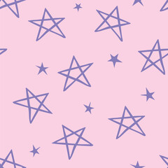 Hand drawn grunge seamless pattern. Cute pink girlish baby background with stars. Abstract light night sky. Vector doodle drawing pentagram