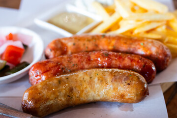 Close-up of grilled sausages served with crispy French fries, mustard sauce, and pickled vegetables. Juicy and flavorful meal perfect for food advertising, menu design, and restaurant promotions.