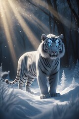 A white tiger with blue eyes walks through a snowy forest. Concept of tranquility and beauty, as the majestic animal navigates its natural habitat. The contrast between the white tiger. 