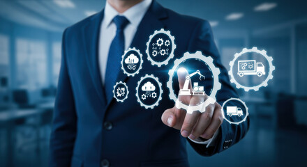 Businessman in Suit Demonstrating Supply Chain Automation with Technology, Cloud and Manufacturing Logistics.