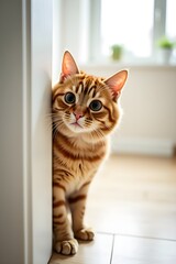 A cat is standing in front of a white wall, looking at the camera. The cat's eyes are wide open, and it is curious or surprised. The scene is simple and straightforward, with the focus on the cat. 