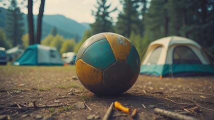 Close-Up Perspective Of A Ball In The Camping Area. Nature Backdrop.. With Blank Space Available For Text