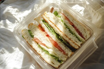 Fresh and delicious sandwiches in plastic container with sunlit background