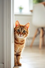 A cat is standing in front of a white wall, looking at the camera. The cat's eyes are wide open, and it is curious or surprised. The scene is simple and straightforward, with the focus on the cat.    