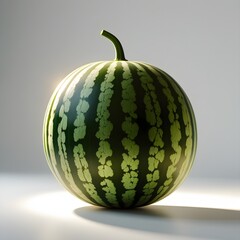 A watermelon with green stripes is sitting on a white background. The image has a bright and cheerful mood, as the watermelon is a symbol of summer and freshness. 