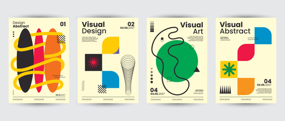Modern Abstract Geometric Poster Design Set &ndash; Modern Memphis Style with Colorful Bauhaus-Inspired Vector Layouts