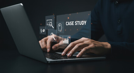 Case Study Development: Professional Man Analyzes Business Data on Laptop for Strategic Insights