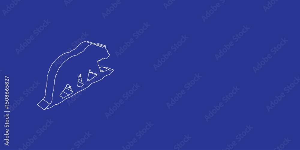 Poster the outline of a large wild bear symbol made of white lines on the left. 3d view of the object in pe