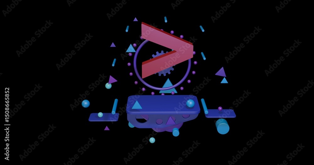 Aufkleber red greater symbol on a pedestal of abstract geometric shapes floating in the air. abstract concept 