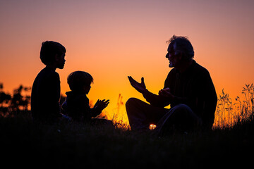 Silhouette of a grandfather telling a story to his grandchildren