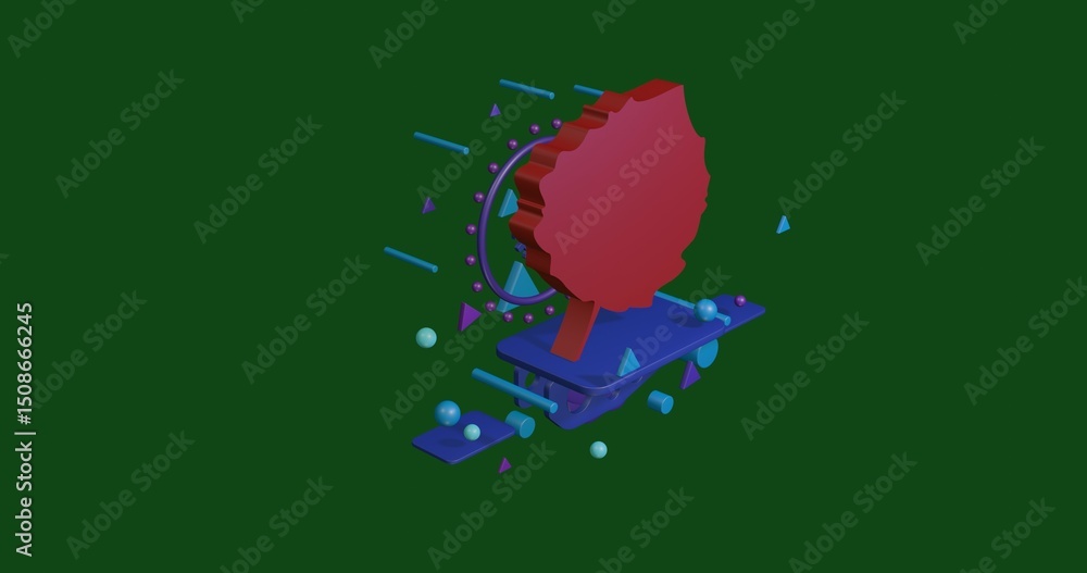 Poster red aspen leaf on a pedestal of abstract geometric shapes floating in the air. abstract concept art 