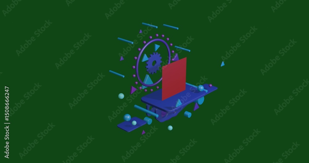 Poster red sheet on a pedestal of abstract geometric shapes floating in the air. abstract concept art with 
