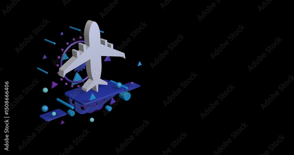 Poster white airplane symbol on a pedestal of abstract geometric shapes floating in the air. abstract conce