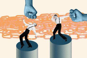 Exclusive image full photo collage of serious businessman force work hand show fist gesture pressure dictatorship chain trap