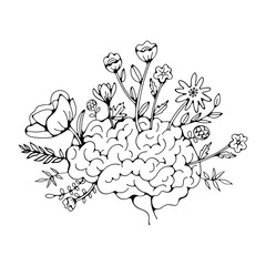 Brain-blossom illustration of brain with flowers growing