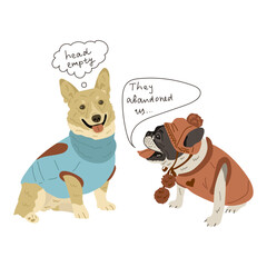 Cute dogs wearing clothes and talking illustration