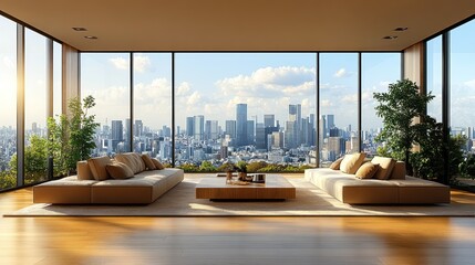 Fototapeta premium Modern living room with panoramic city view, featuring beige sofas, low coffee table, and large windows.