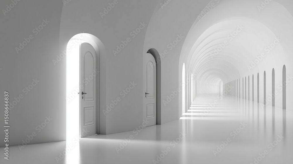 Poster mysterious hallway with glowing doors inviting exploration and discovery in a minimalistic and surre