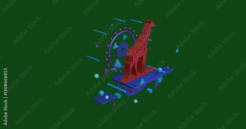 Poster red wild giraffe symbol on a pedestal of abstract geometric shapes floating in the air. abstract con