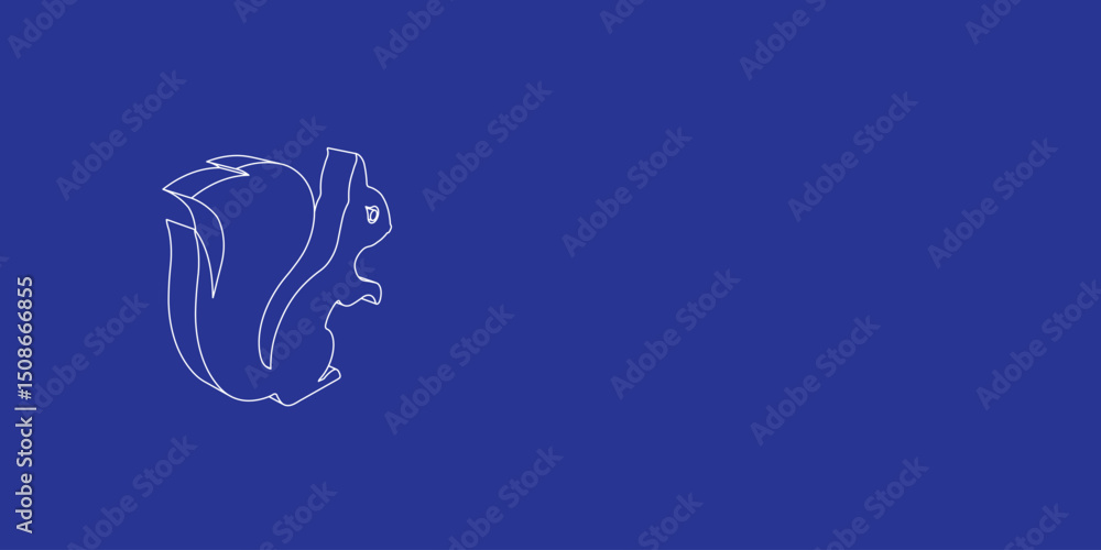 Poster the outline of a large squirrel symbol made of white lines on the left. 3d view of the object in per