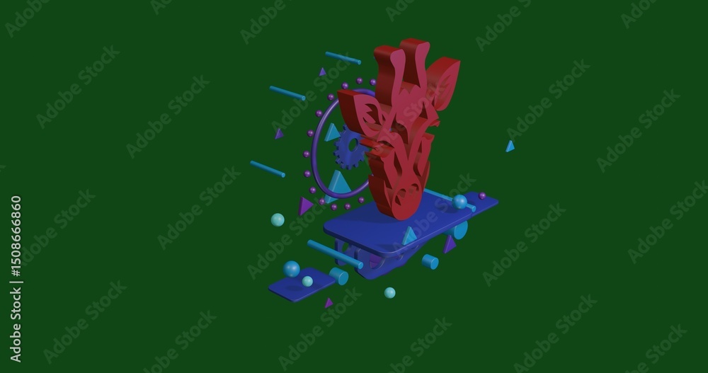 Poster red giraffe head symbol on a pedestal of abstract geometric shapes floating in the air. abstract con